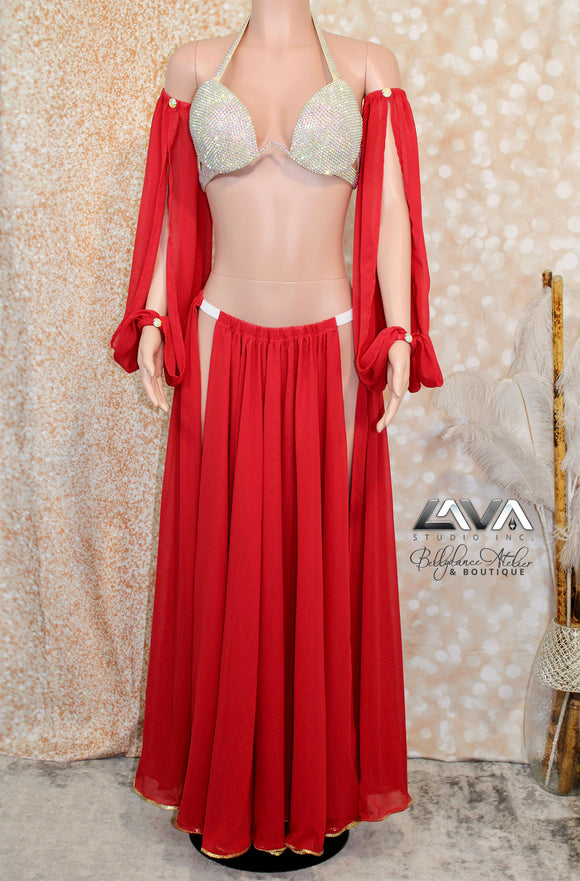 Red/Gold Chiffon Skirt & Sleeves Set w Veil (S/M)